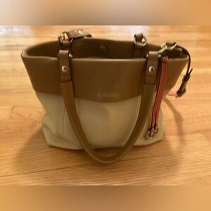 Calvin Klein Cream and Tan Colorblock Tote with Charm Accent